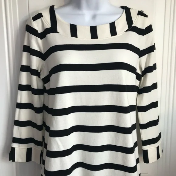 🔴 4/$15 Talbots Women’s S Black & Ivory Stripe Cotton 3/4 Sleeve Knit Top in EUC - Picture 3 of 14